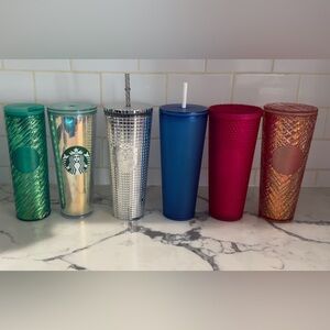 Starbucks set of 6 Metallic Silver, Matte Blue, and Textured Pink Tumblers